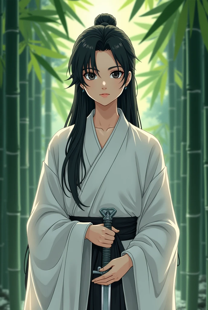 ,1ager(15yeld),Lonair,Black hair,Black eyes,Hanfu,白色Hanfu,(solemn,serious),Hand holding the hilt of the sword,Sword waist,In the bamboo forest。