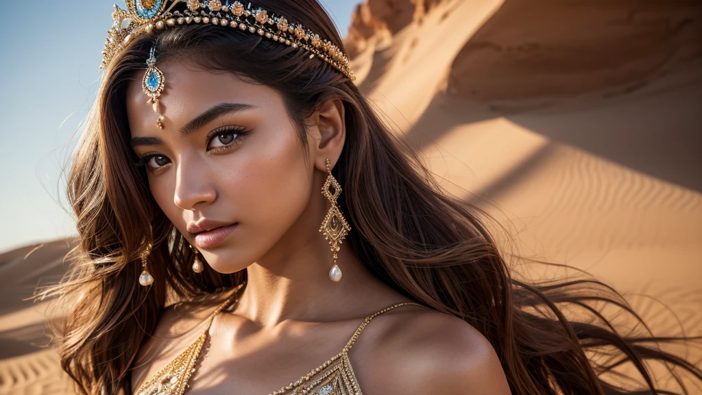 Create a highly detailed and realistic image of an 18-year-old Japanese girl as a desert nomad queen. She should be 180 cm tall, weigh 45 kg, and have a smooth, light complexion. Her straight, long blonde hair is styled into a high, intricate updo, with loose curls framing her face and a jeweled headpiece crowning her head. Her graceful, diamond-shaped face has high cheekbones, a small, delicate nose, and full, well-defined lips. Her large, expressive brown eyes feature detailed irises and long eyelashes. Her physique is athletic yet feminine, with big-sized, round breasts. She is dressed in a long, flowing gown with a deep V-neck and elaborate embroidery, the fabric shimmering in the desert sun. The desert should be depicted with intricate details—fine grains of sand, distant dunes, and a vivid horizon under a clear sky. The image should be ultra-high definition (4k, 8k) with soft, natural lighting to highlight her skin texture, hair shine, facial details, and the desert's texture.