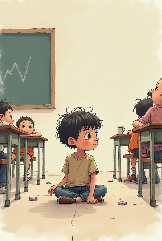 An image of a child at school in a sad drawing, with inclusion theme 
