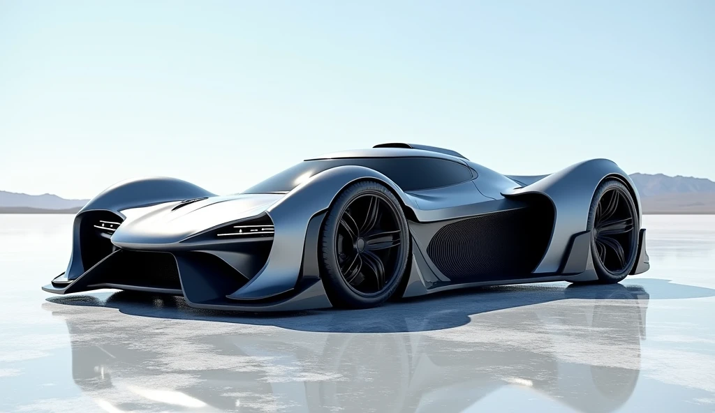A hyper unreal cyber super car, made of latest technology materials with black rubber pipes on the sides for turbo air ingine, made to cross the enormous salt flats. made on zbrush hyper detailed, artstation inspired 8k uhd