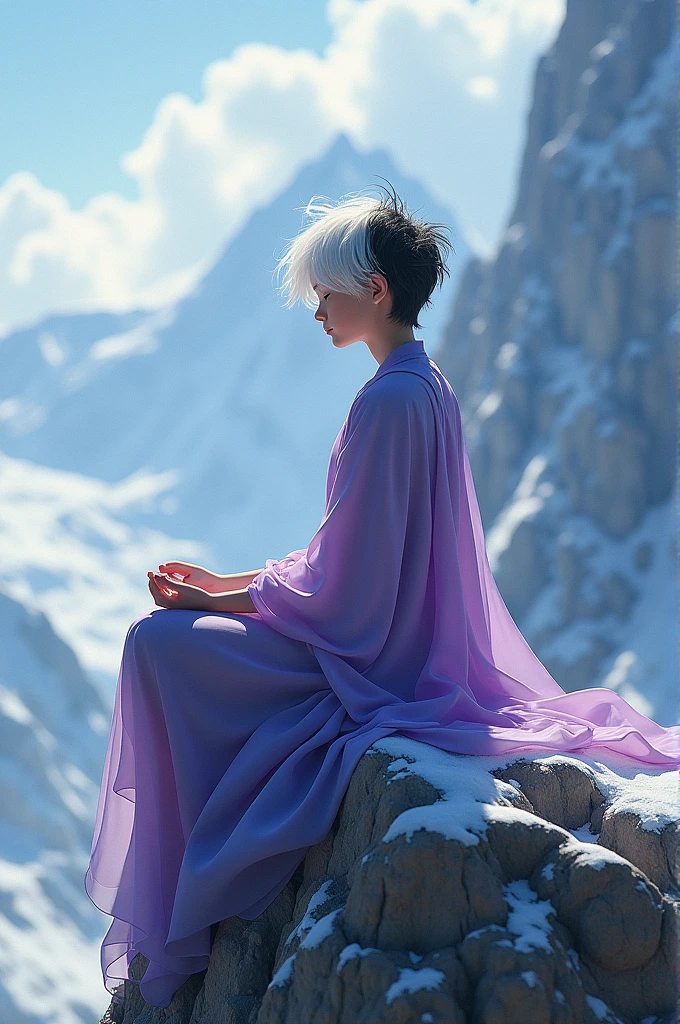 A beautiful boy with almost long white and black hair wearing a purple dress sitting on a mountain meditating
