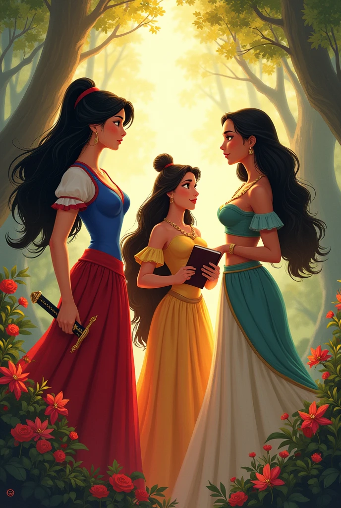 Make a picture together with mulan, belle and pocahontas