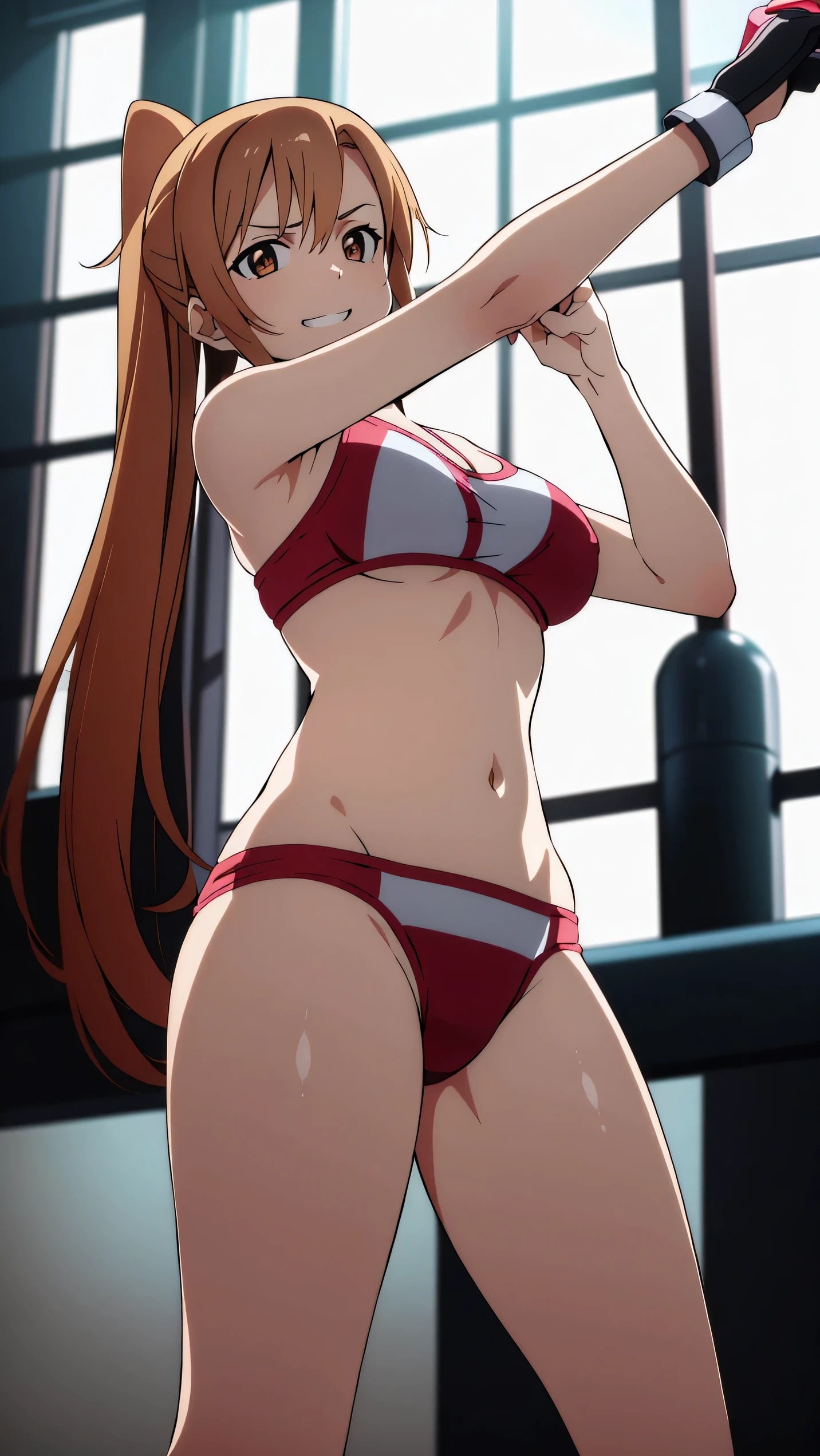 Alicization Anime Style Asuna \(star\), One person, Asymmetrical bangs, Braiding, Brown eyes, Brown Hair, Separate Sportswear, bikini, Hair between the eyes, Bright light, Long Hair, Short Ponytail, boxingリング, grinning, alone, Cowboy Shot, ((masterpiece)),from below,(boxing,Match), Martial Arts,boxingグローブ,