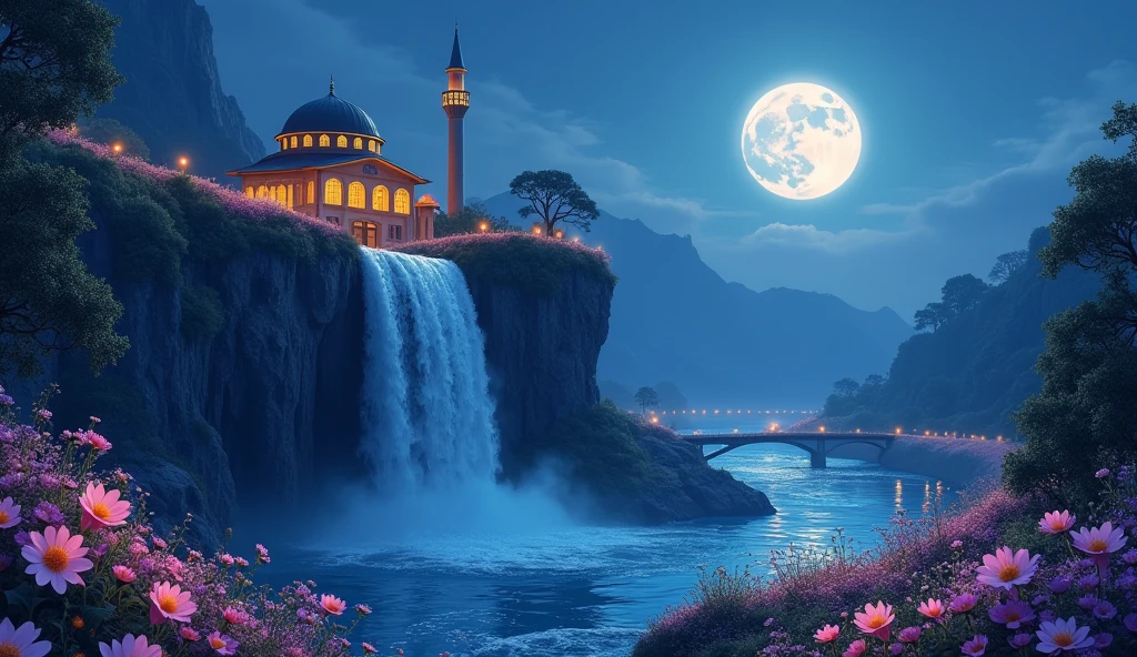 a tiny mosque near a cliff with a waterfall flowing into a river, lined with pastel flowers nearby at night on a full moon from below