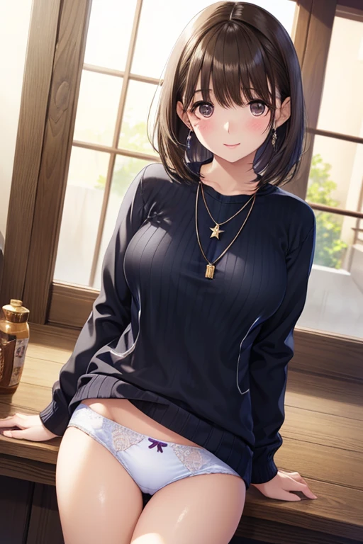 anegasaki nene、Shiny brown hair, short hair, (Beautiful brown eyes、Sparkling eyes, Fine grain)、smile、Ultra-detailed eyes、Highly detailed face, Highly detailed eyes,Cowboy Shot、



(Highest quality、8k、32K、masterpiece、Hmph:1.2)、Cute Japanese Women Photos、Mid-chest、delicate、Thin thighs、Upper Body、(Extra Large_sweater:1.1),Removed clothes、underwear、necklace、Simple Background、Look around