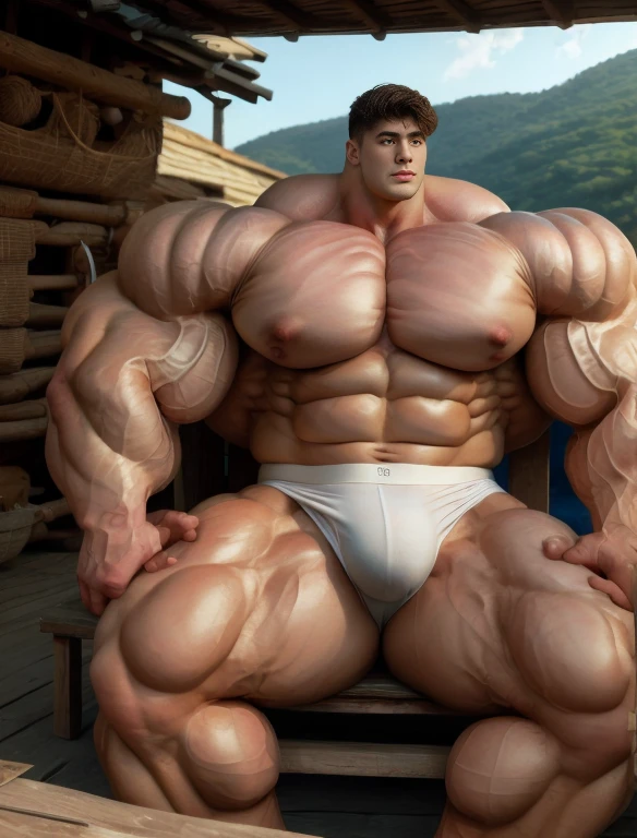 1boy, giant, asian, solo, giant bodybuilder, golden hour, strong body, bulk, large size, seated in any hut, outdoor, nude, white triangular underwear with enormous bulge, extraordinary big, brutalmass, giant muscular body, bulk, buff, massive body, large meaty body size, extremely wide body,  tallest body