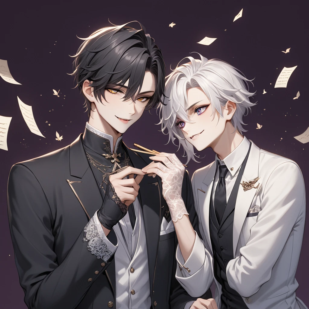 Cute boy villain white hair small fangs smiling boy Writing down in the notebook leaves flying notes names, background, violet eyes with elegant boyfriend, black fine clothes, pale, black hair, lace in hands 