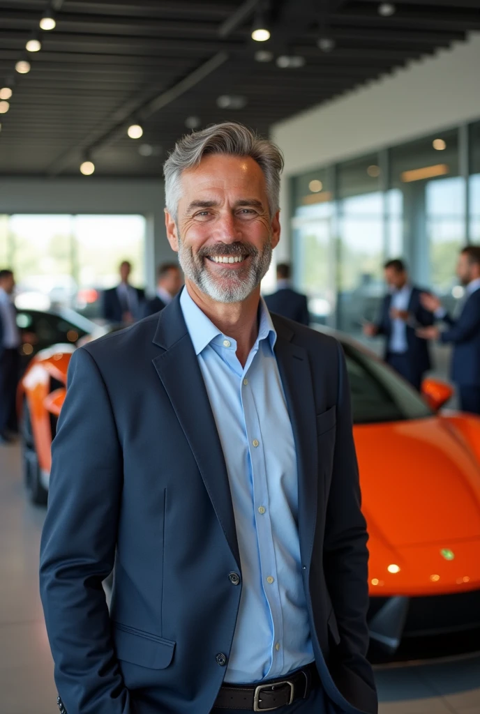 Man getting his dream car in front of the dealership