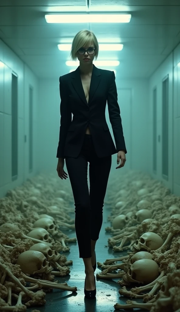 Under the cold fluorescent light, the human experiment room of the frightening research facility, filled with piles of human bones, was unexpectedly bright. The director of the research facility was a beautiful, intelligent femme fatale with short blonde hair and glasses, who looked seductive in her suit as she walked, trampling over the bones with her black stiletto heels., Character focus, POV, staring at the viewer, evil seductive smile,