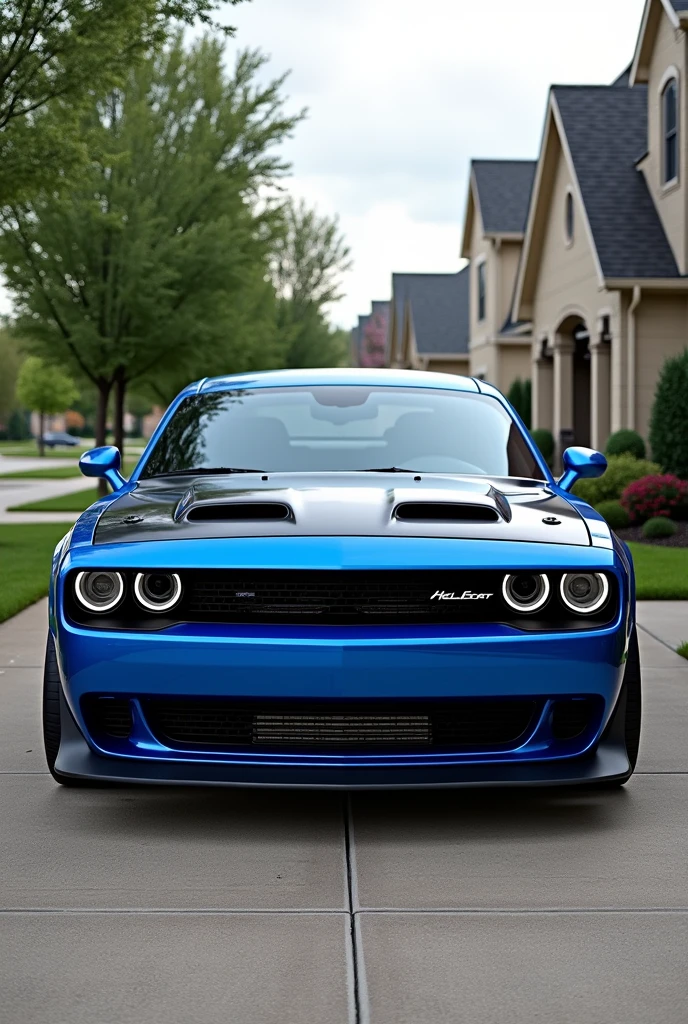 Real life 2019 blue hellcat with black rims in driveway