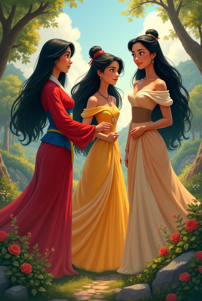 Make a picture together with mulan, belle and pocahontas