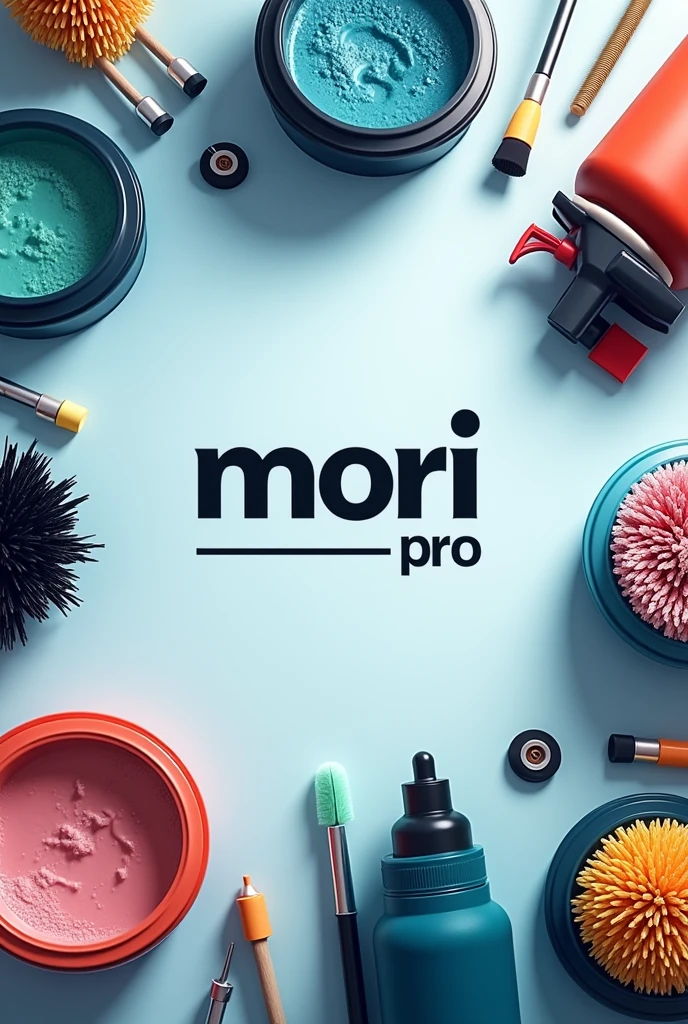 Logo of a company selling car detailing products called “Mori Pro” In the background there are car wash brushes, car wash product containers, 5 litre buckets with products, car wash spray bottle, a polisher