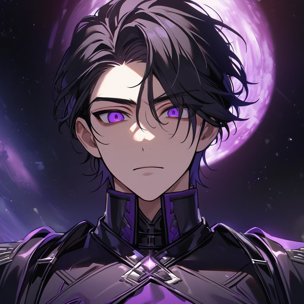 High quality, HD, 4k, no shadows, handsome male, handsome, extremly handsome, 1male, 1 male, teenager, pure black hair, short black hair, dark hair, black hair, jet black hair, sharp eyes, deep purple colored eyes, dark purple colored eyes, deep violet eyes, violet eyes, devil may cry, close up, calm expression, stoic expression, black leather clothes, black leather clothing, leather clothing, lean body, well trained body, upper body, looking at viewer, cowboy shot, white solar, space background