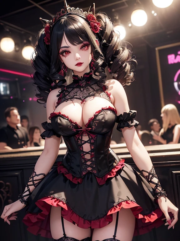 (1 girl 1.3) (extremely detailed 1.3) (anatomically correct, High precision, realistic skin) (RAW photo, Super detailed, advanced details, intricate details,), (Lighting: Face lighting, Ray tracing, reflective light, Structurally correct) ((Background: back room of a nightclub 1.3)) (Subject: beautiful Asian, Asian, bronze skin, woman with hair in black curls and coils) (wearing: glamorous detailed embroidered gothic ta rave, blood red corset, red and black, neck wrists and fingers, wearing elegant gold and black high heel boot new rocks),((beautiful big eyes looking up at the viewer, black shiny lipstick, perfect Asian goth cyber makeup))