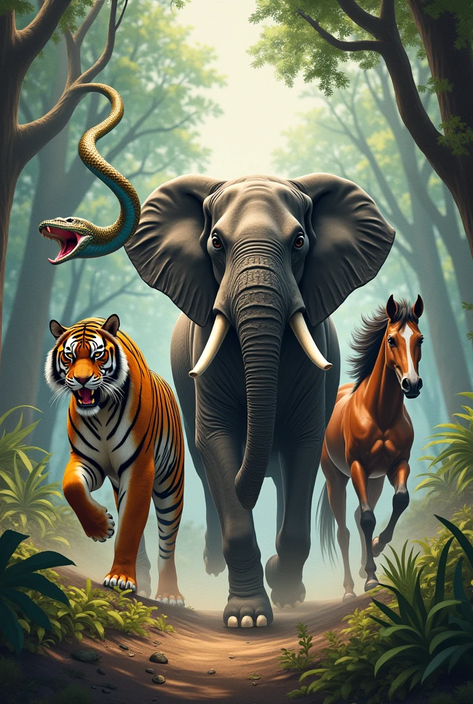 Both the powerful tiger, the clever snake, the powerful elephant, and the agile horse.