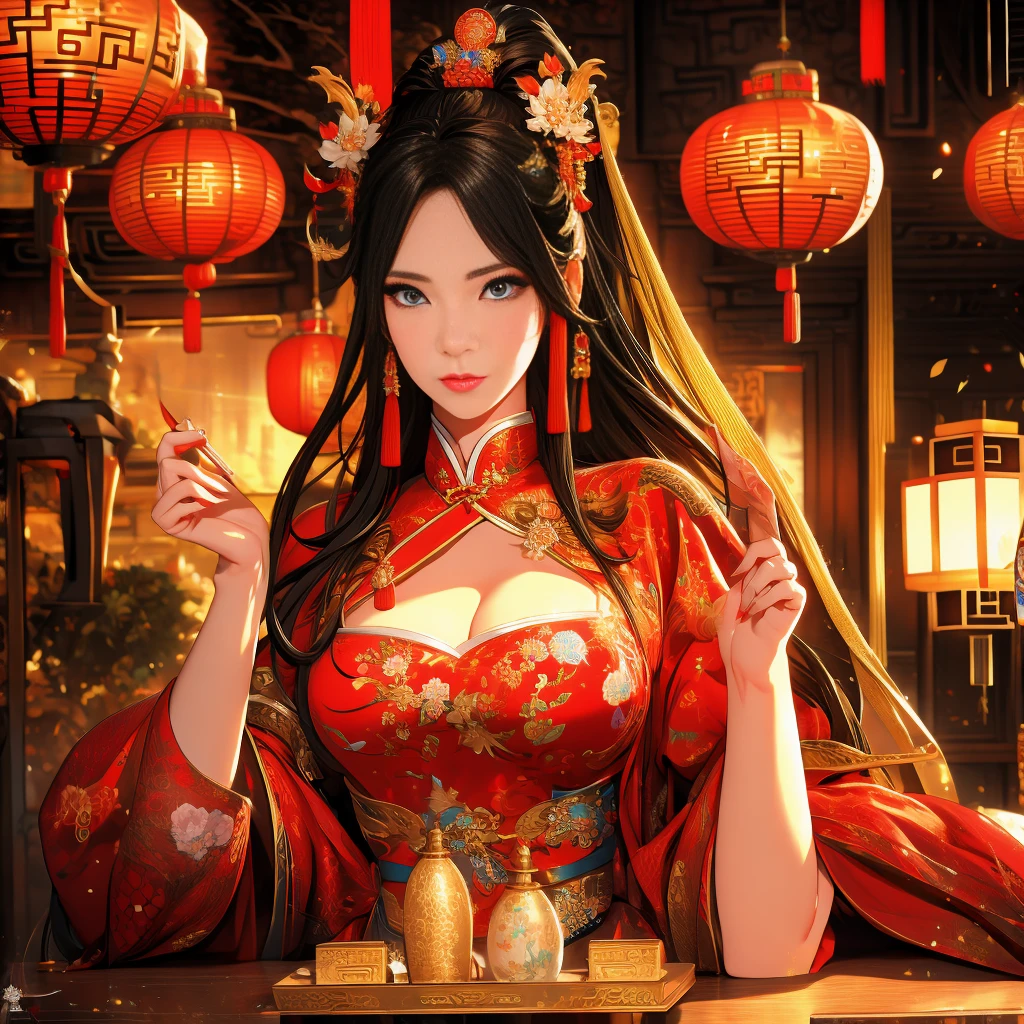 A 20-year-old beautiful ancient Chinese geisha wearing Hanfu reveals her cleavage and is dancing with a provocative expression. Ancient Chinese long-legged black-coiled female geisha 8K with big breasts in the palace