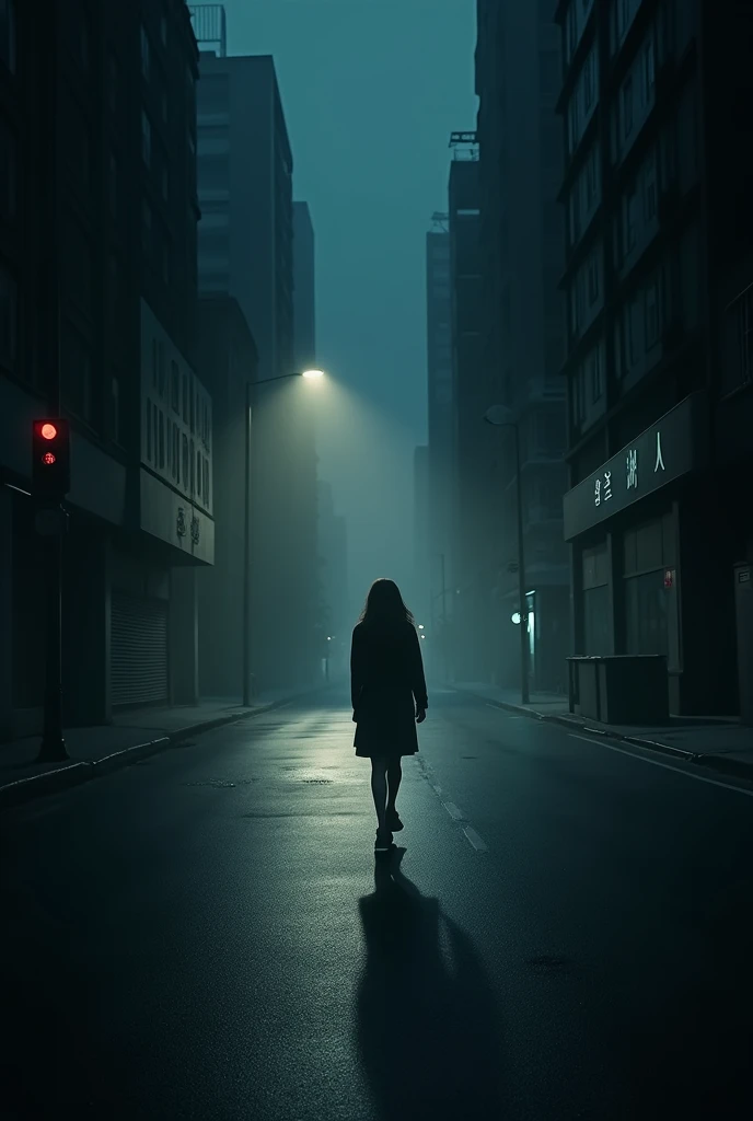 A dimly lit urban street at night, with tall buildings casting long shadows. A young woman is walking alone, her figure small against the vast, empty street. The atmosphere is tense, with the sound of her footsteps echoing in the silence. The lighting should be minimal, focusing on the woman, highlighting her vulnerability but also hinting at inner strength. The mood is somber, setting the stage for the unfolding narrative
