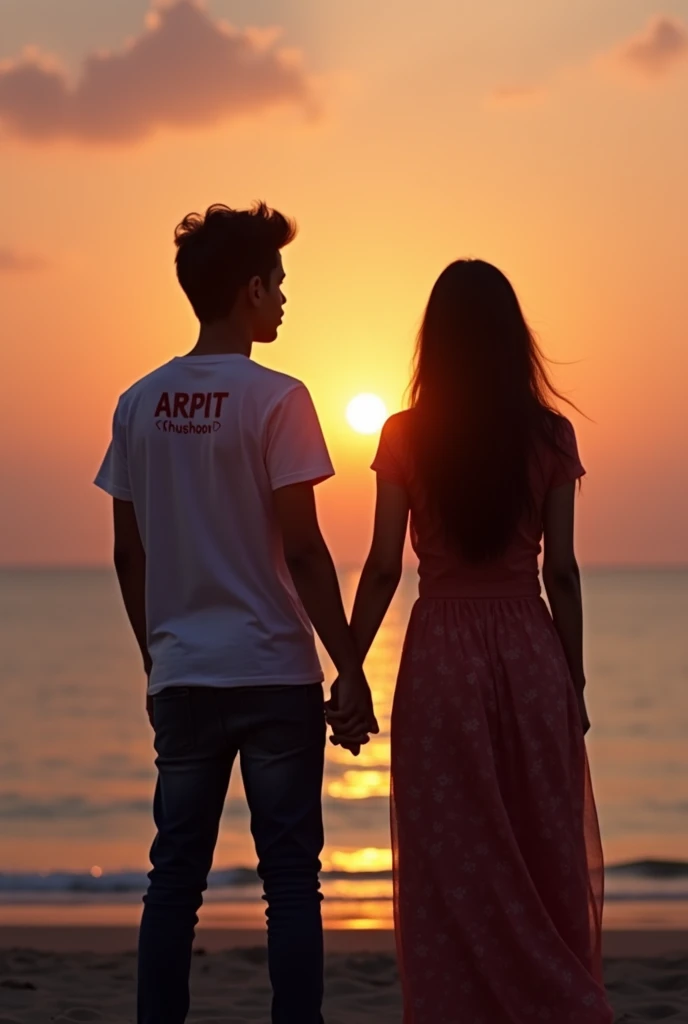 17 year old boy and girl standing together on beach and hold their hands wearing t shirts and names on tshirt ARPIT for boy KHUSHBOO for girl and they looked sunset and the photo click from backside them with their names