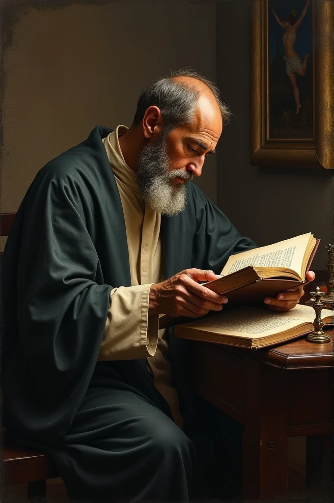 An image of Saint Augustine contemplating a book, representing the search for wisdom through faith and reason.