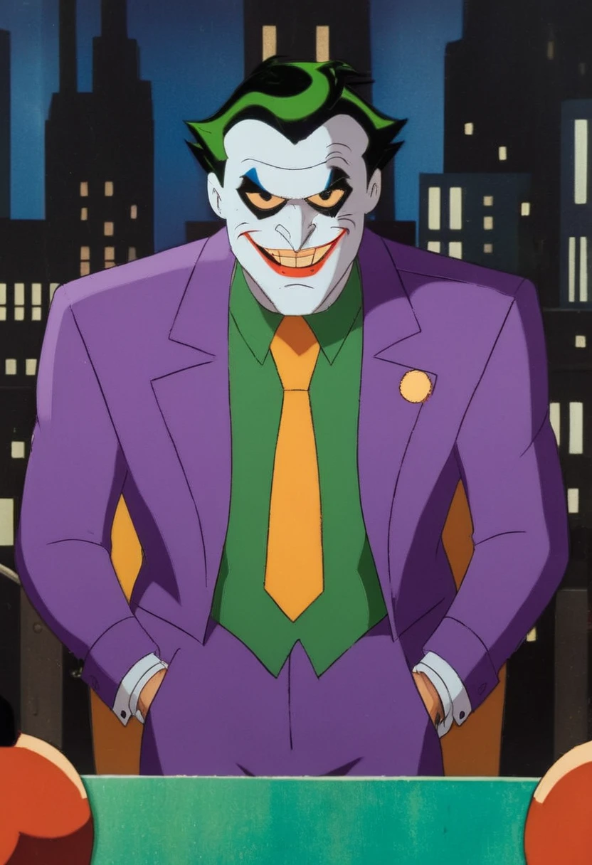 anime artwork of  In Gotham City a cartoon joker with a tie and a purple suit Batman The Animated Series Style, anime style, key visual, vibrant, studio anime,  highly detailed