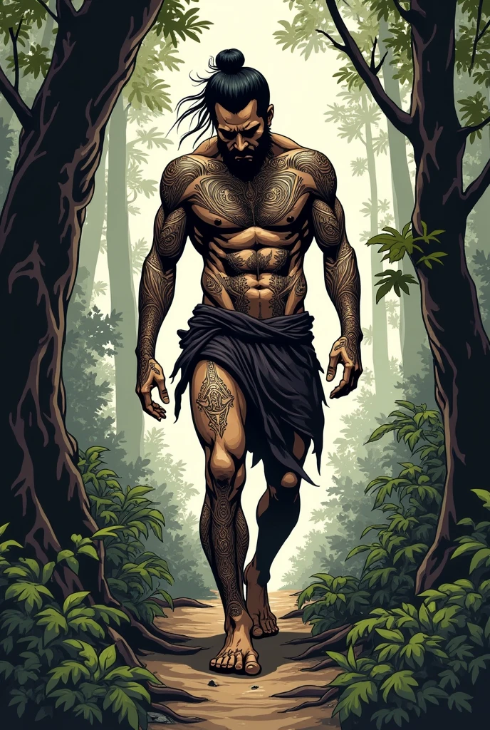 Tribal tattoo of a man walking out of a forest