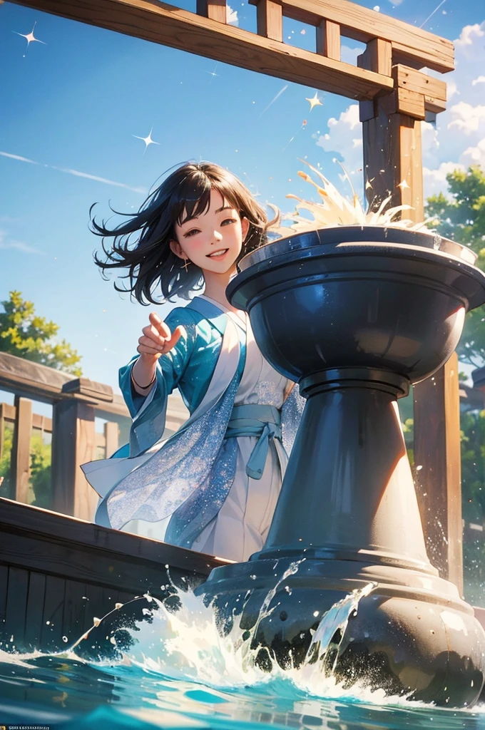 anime style, super fine illustration, highly detailed, dynamic angle, beautiful detailed, 8k, Japanese clothing young girl, about , playing in a fountain with their clothes on, on a summer afternoon; the Japanese clothing young girl, about , are smiling and the water splashes are sparkling (sparkle: 1.5). BREAK The bright sunlight reflects off the fountain, creating a lively atmosphere.