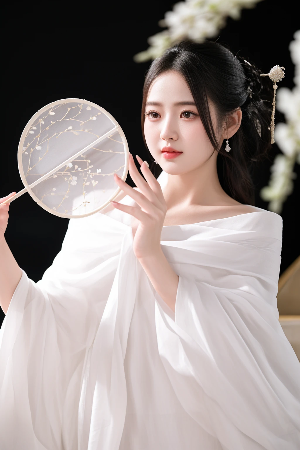 araffe woman in white dress holding a fan and a flower, white hanfu, palace , a girl in hanfu, hanfu, inspired by Huang Ji, pale milky white porcelain skin, chinese style, wearing ancient chinese clothes, long flowing white robe, with acient chinese clothes, xianxia fantasy, inspired by Zhang Yin, inspired by Qiu Ying