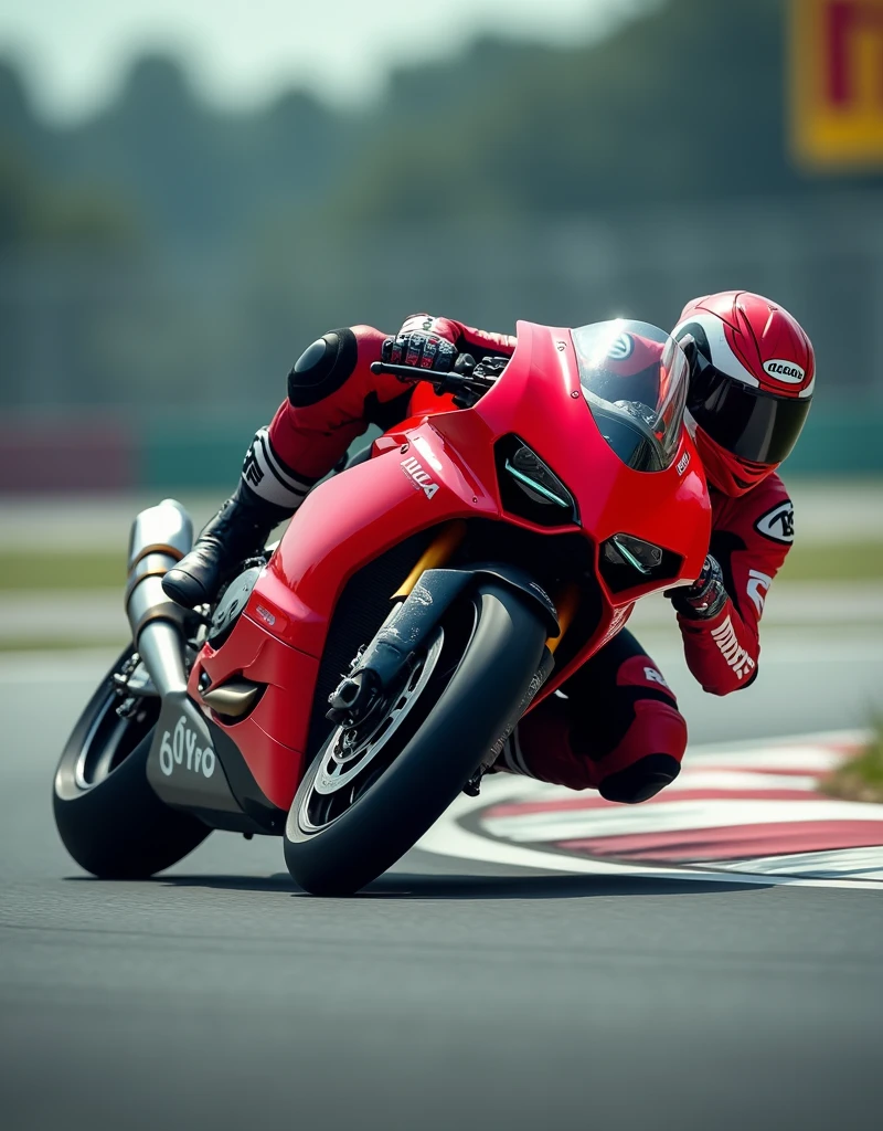 Ducati Panigale V4 in action on the track, with a rider in a red Ducati suit cornering aggressively, with a blurred background of a race track."