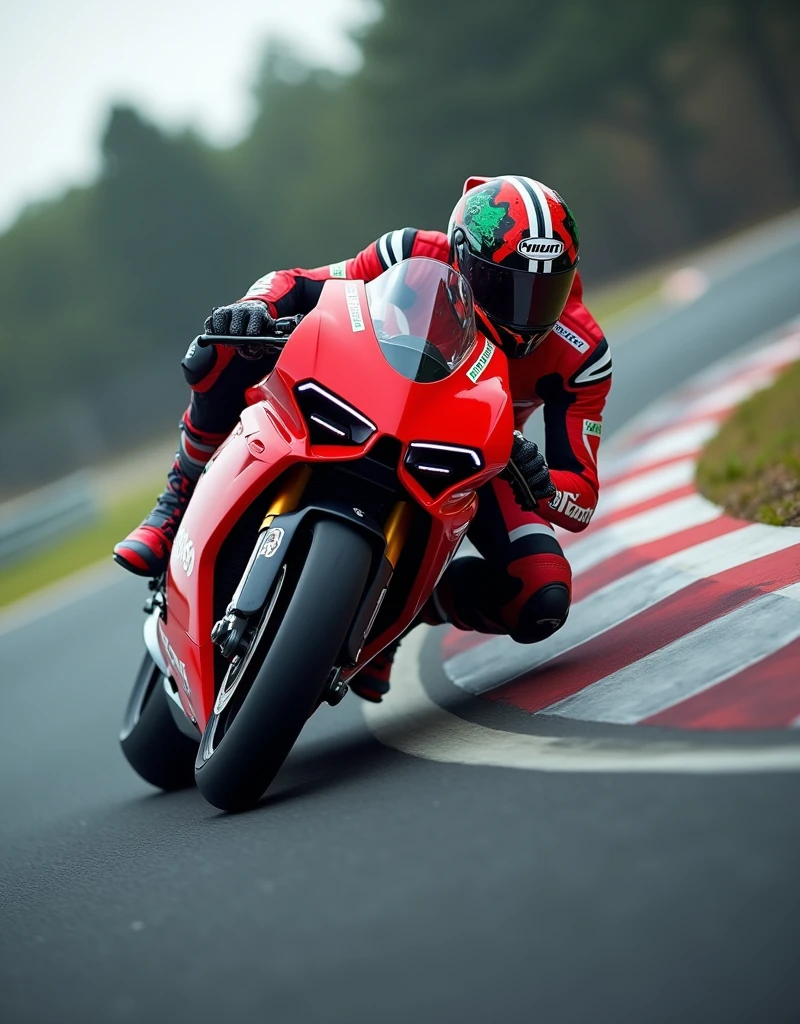 Ducati Panigale V4 in action on the track, with a rider in a red Ducati suit cornering aggressively, with a blurred background of a race track."