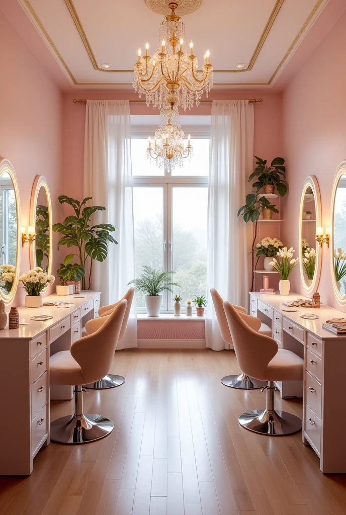 Une salle pour une place de maquillage et coiffure type girly et moderne et bien décoré avec des lumières sans femmes