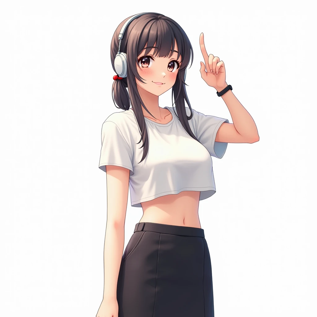 Anime Japanese Girl Long Hair Tied To The Side Big Eyed Smiling Expression ,wearing a white t-shirt ,ultra HD,ultra 4k,realistic, white background, full photo wearing a black skirt and white shoes,big chested, while wearing earphones and raising one hand in the air with the index finger,face pose facing camera