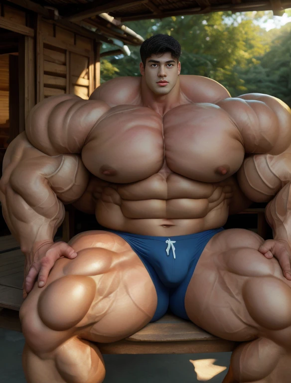 1boy, giant, asian, solo, giant bodybuilder, golden hour, strong body, bulk, large size, seated in any hut, outdoor, nude, blue triangular underwear with enormous bulge, extraordinary big, brutalmass, giant muscular body, bulk, buff, massive body, large meaty body size, extremely wide body, tallest body