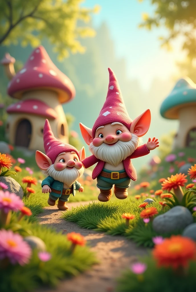 cute chibi gnomes, highly detailed, adorable chibi gnomes, fantasy landscape, whimsical forest setting, vibrant colors, lush greenery, mushroom houses, colorful flowers, cute expressions, mischievous poses, soft lighting, warm tones, magical atmosphere, detailed textures, intricate details, photorealistic, 8k, highres, best quality, masterpiece
