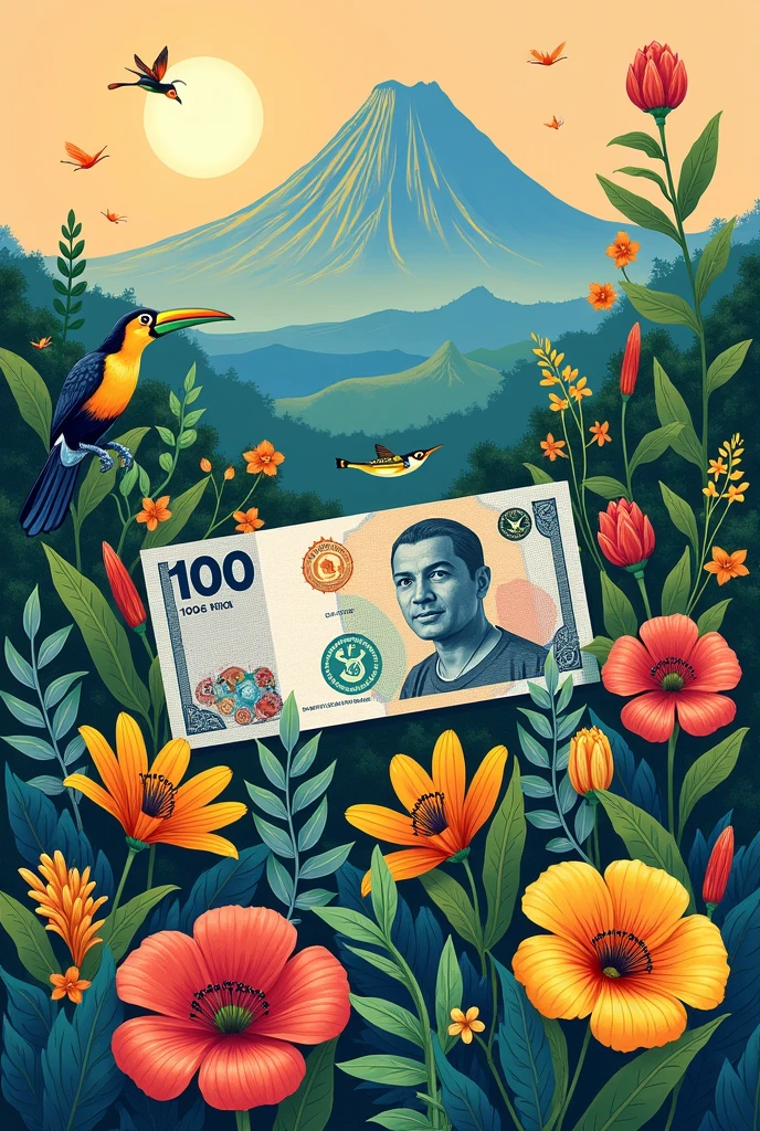 Create a 100-dollar Costa Rican bill.000 colones representing flora and fauna and volcanoes 