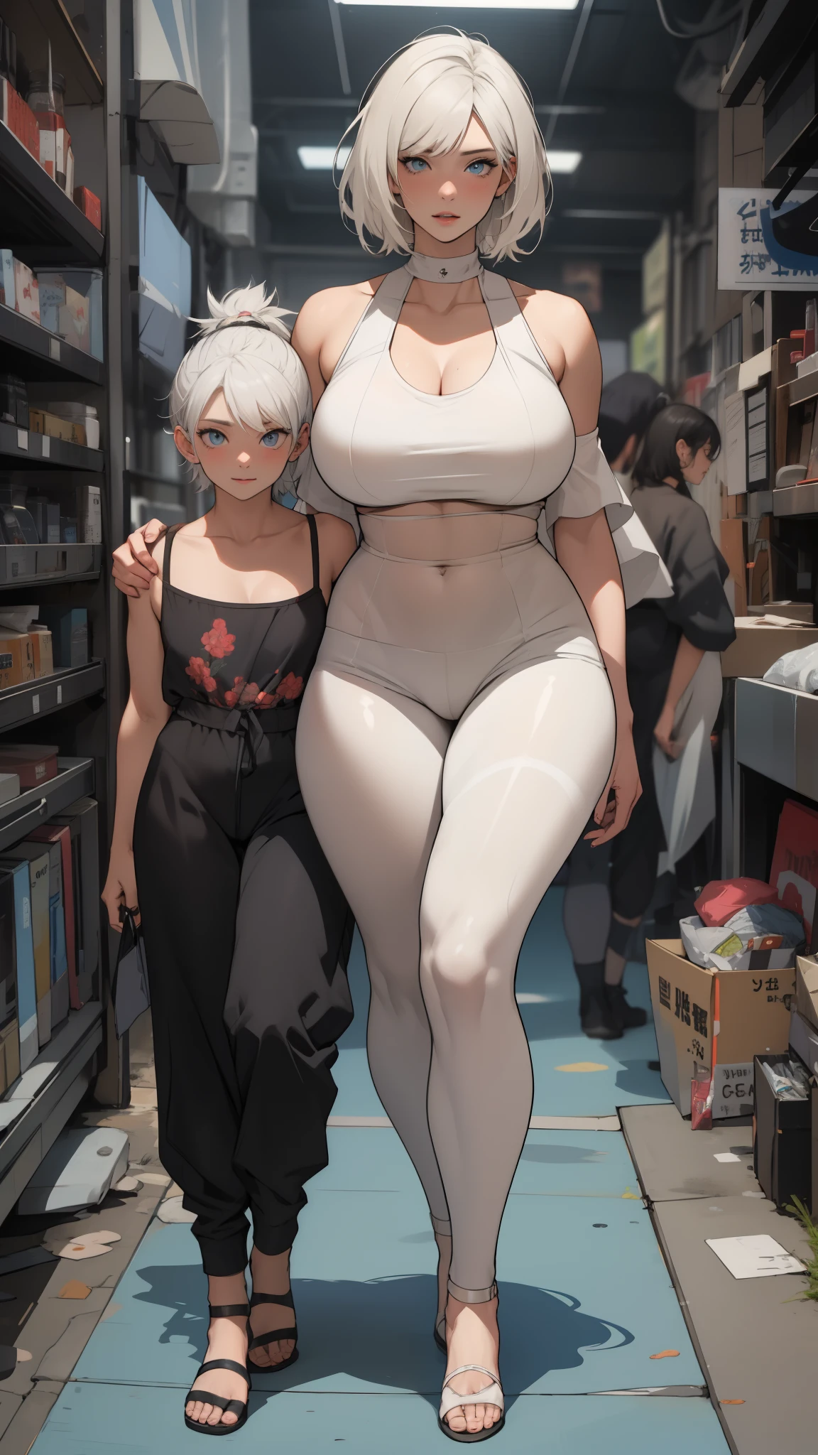 older woman 30 years old, short white hair and tall, curvy body next to her slender 20-year-old daughter, blue colored eyes, breasts big, couplle
