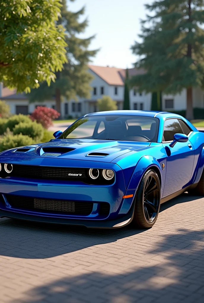 Real life 2019 blue hellcat with black rims in driveway