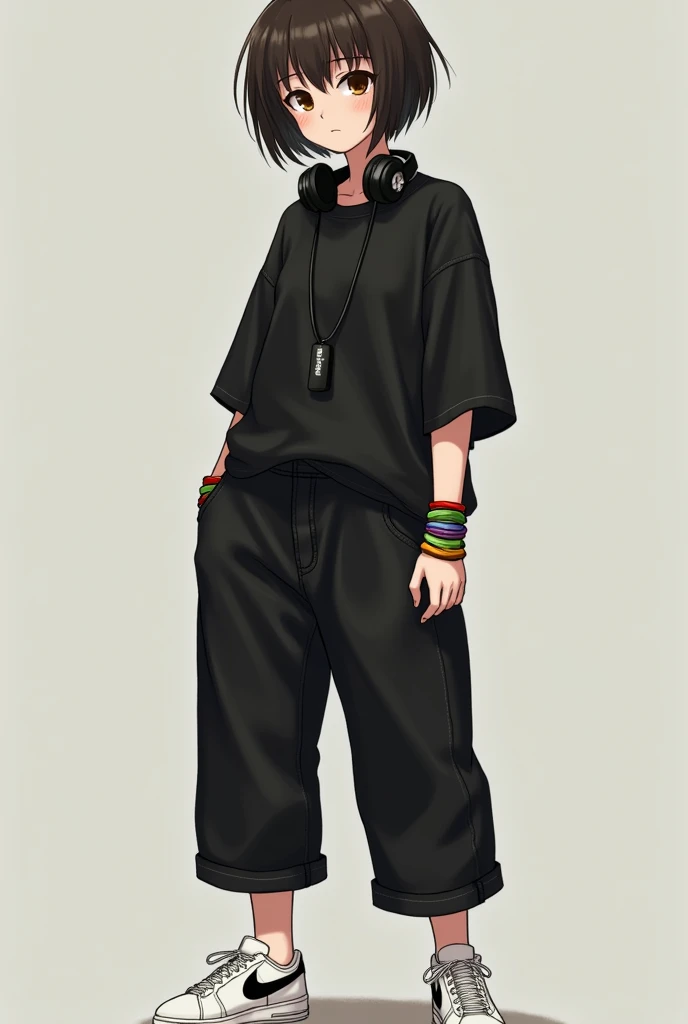 Une fille avec les cheveux brun avec une wolf cut  courte des yeux brun foncé des habits larges et noirs un short en jean noir long et tee-shirt large des baskets blanches nike des joues légèrement roses et un grin de beaute sur la joue des bracelets brésilien colorés au poignet blanche bronzé un casque de musique noir autour du coup un air timide