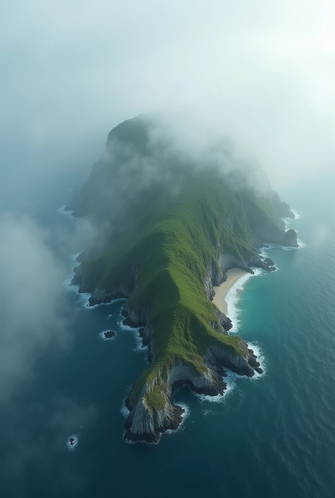 Aerial view of a beautiful island, but it is taken by a gray fog.