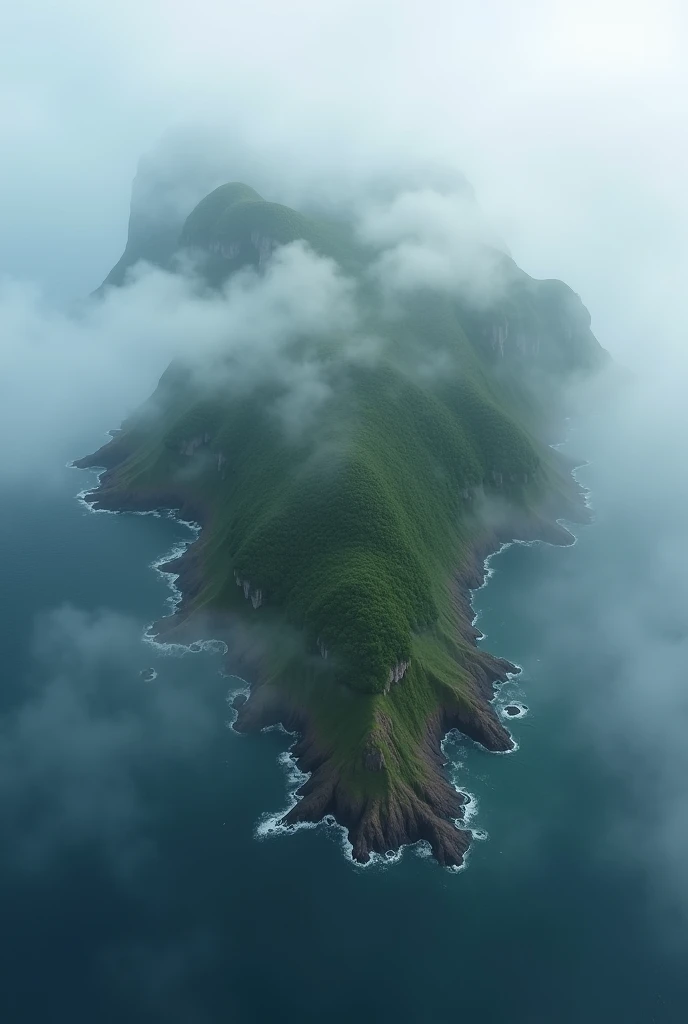Aerial view of a beautiful island, but it is taken by a gray fog.