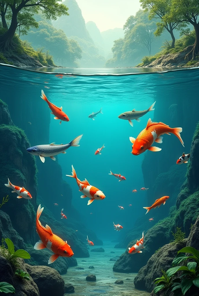 create an image of a river where you can see the fish