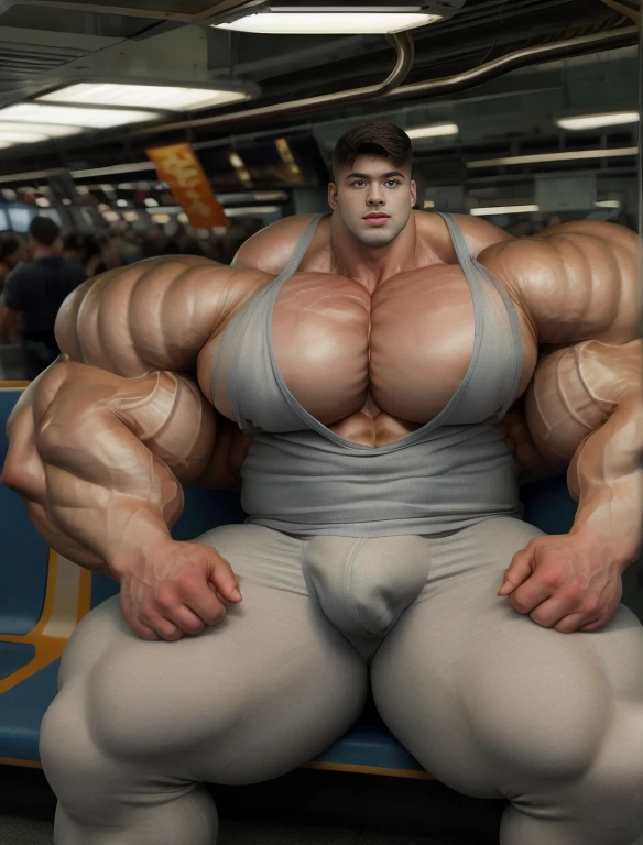 1boy, giant, asian, solo, giant bodybuilder, golden hour, strong body, bulk, large size, seated in any subway car, indoor, nude, blue triangular underwear with enormous bulge, extraordinary big, brutalmass, giant muscular body, bulk, buff, massive body, large meaty body size, extremely wide body,  tallest body