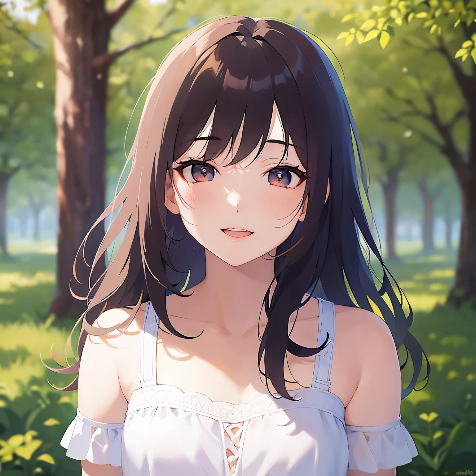 (looking at viewer:1.5)Upper Body,closed-eyes,Realistic, real person, (pale skin: 1.2), RAW photo, photorealistic, shiny skin, shiny hair、(A 25-year-old woman with medium-length hair and bangs) and (wavy hair) and (brown hair) and (orange eyes) , White collarless dress、 (blush:1.5),(smile:1.2),open mouth,(alone:1.5),park