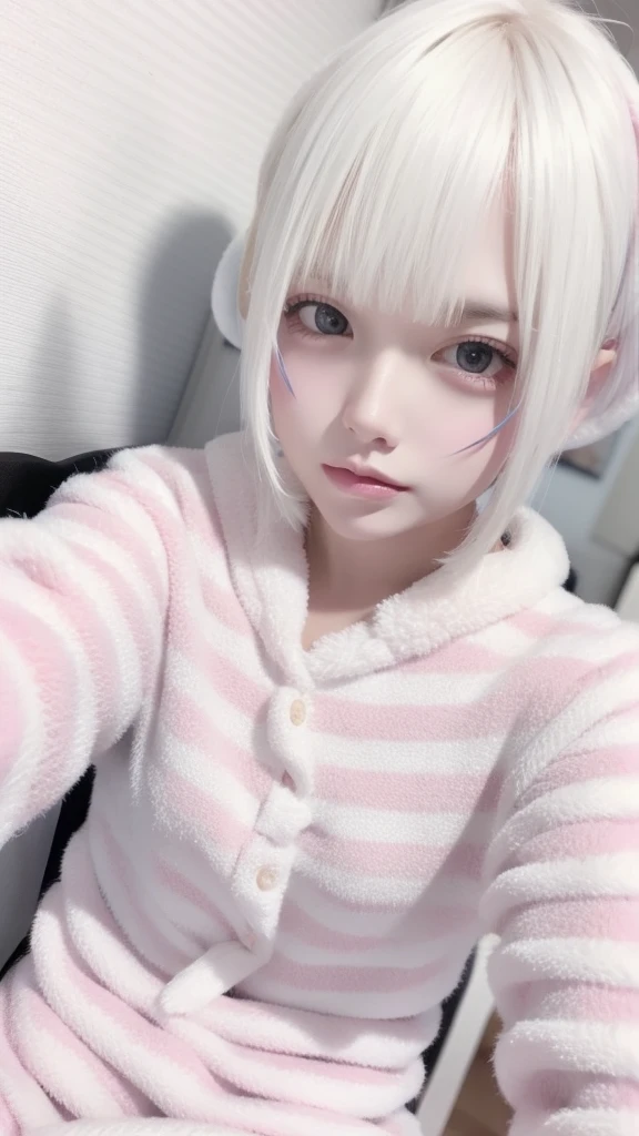 One person, One personで, High resolution, masterpiece, Accurate, Anatomically correct, number々Awards for, Highest quality, Corruption, High resolutionモデル, Attention to detail, retina, Very detailed, Textured skin, 超High resolution, movieの光効果, movie, movie撮影, Chiaroscuro, Background Blur, Everything is detailed and exquisite、Complete human body、Correct human body、The perfect human body、Accurate人体、Detailed Background、Elaborate Background

(Decolorization lighting:1.6, Blue Room Light:1.5, Decolorization lighting:1.6, Dark outdoors:1.8, Late Night),

Long black hair, From head to toe:1.5, (Big Breasts, Big cleavage:1.3, (Japanese Jiraiya type girl :1.5, Jirai Type Makeup:1.5), Japan Underground Idols、

(((All of these pajamas are made from super soft fleece material:1.8, Light-colored pajamas, one-piece type、Absolute area、Long sleeve、Moe sleeves、hot pants、Thick pink and white horizontal stripes))), 

break、