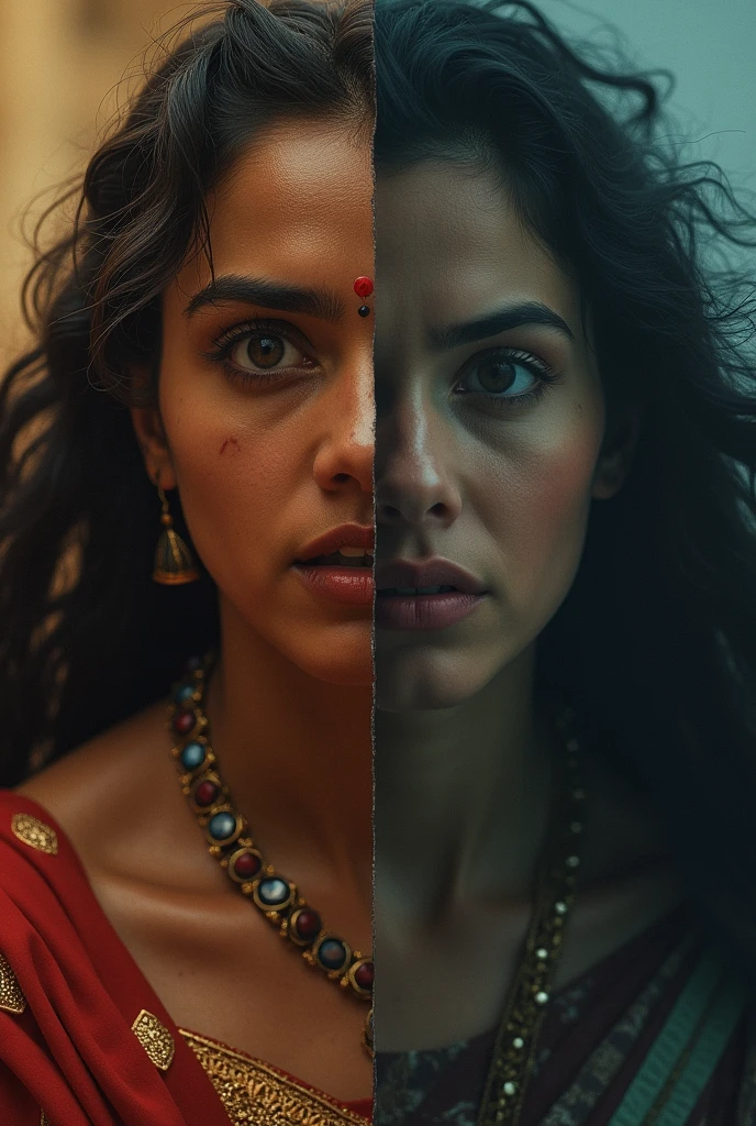 A split-screen showing a dramatic contrast between two scenes: on one side, an ancient court scene with Draupadi being humiliated by the Kauravas, her expression filled with horror and defiance. On the other side, the modern young woman is surrounded by a group of men with threatening expressions. The two scenes should visually connect, emphasizing the timelessness of the struggle against violence and injustice. The colors in the Draupadi scene should be warm and earthy, while the modern scene has cold, harsh lighting.