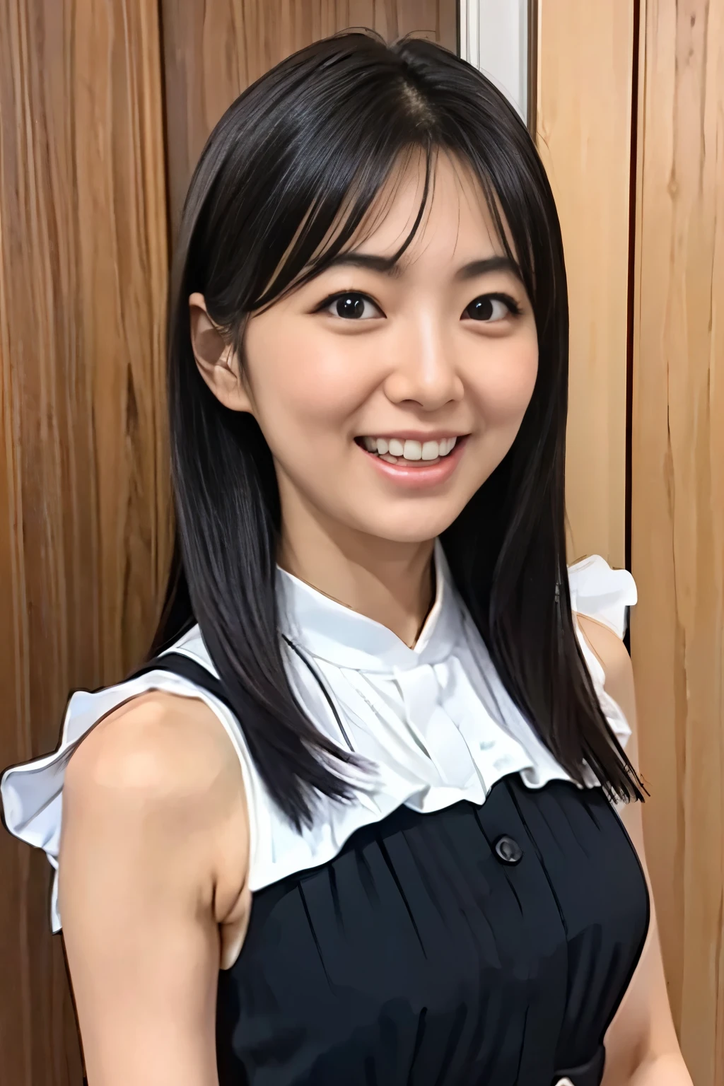 photorealistic, detailed, 1 pretty girl, rika shiraki, platinum black hair, frilled sleeveless blouse, smile, open mouth, 