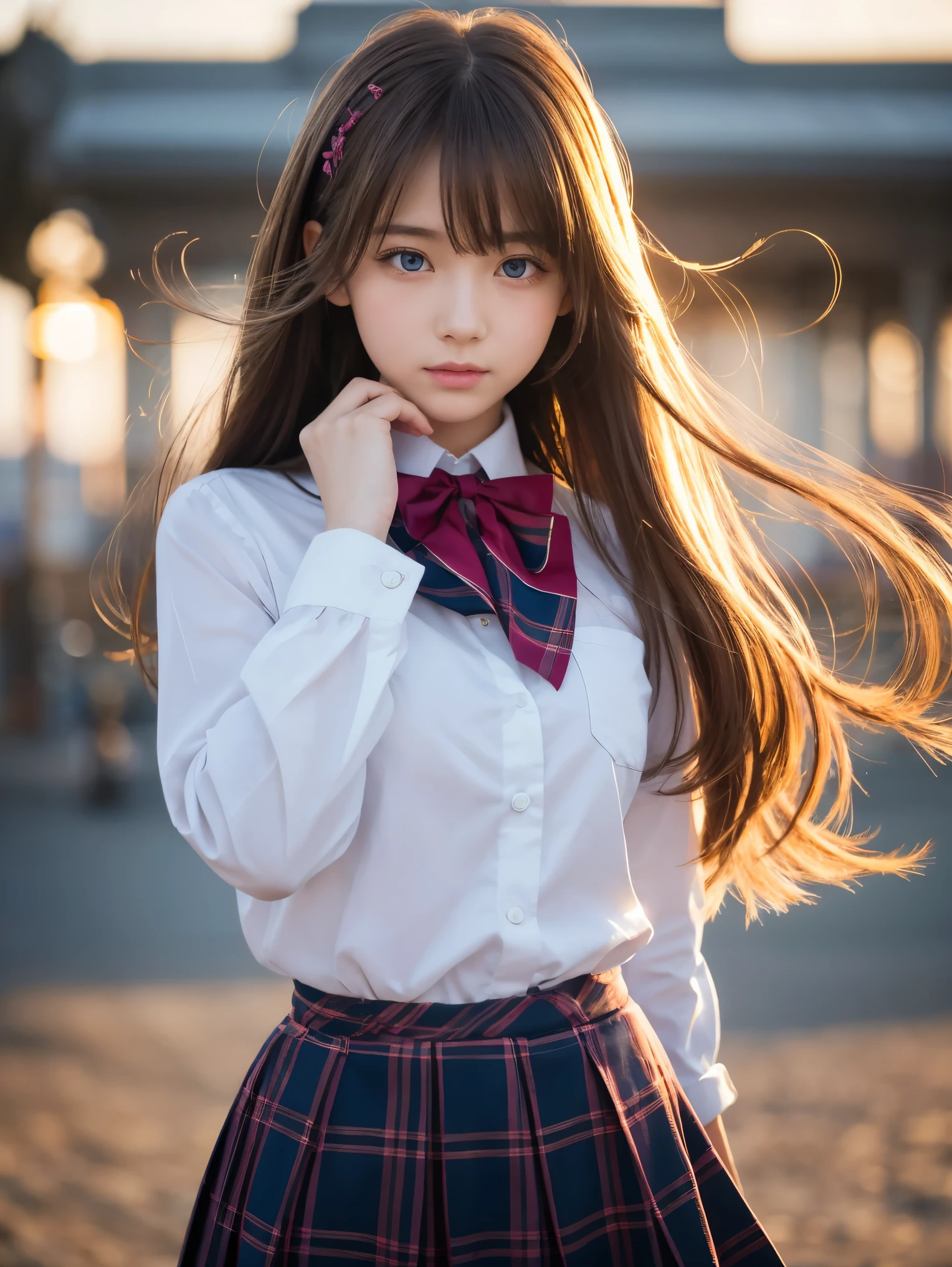 A highly detailed close-up image of a young anime girl with long silver hair flowing gracefully in the wind. The character has large, vibrant blue eyes with a determined yet calm expression. She is dressed in a detailed school uniform, consisting of a white shirt with a red bow tie, a dark blazer with golden insignias on the shoulders, and a plaid skirt with subtle folds. The girl’s hair has intricate details, with a single strand standing up prominently. The lighting is warm and golden, suggesting a sunset background, which adds depth and softness to her features. The overall atmosphere combines a sense of strength and elegance, as her dynamic pose with slightly extended arms enhances the flowing movement of her clothes and hair. The background is blurred but hints at an urban setting with soft, glowing lights, creating a dreamy and cinematic effect.