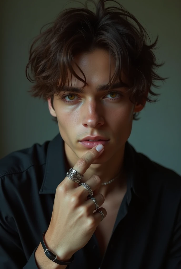 make a boy with a bed boy style with short hair and rings on his fingers, shorter brown hair, the boy is white, it's perfect like this, makes him more beautiful
