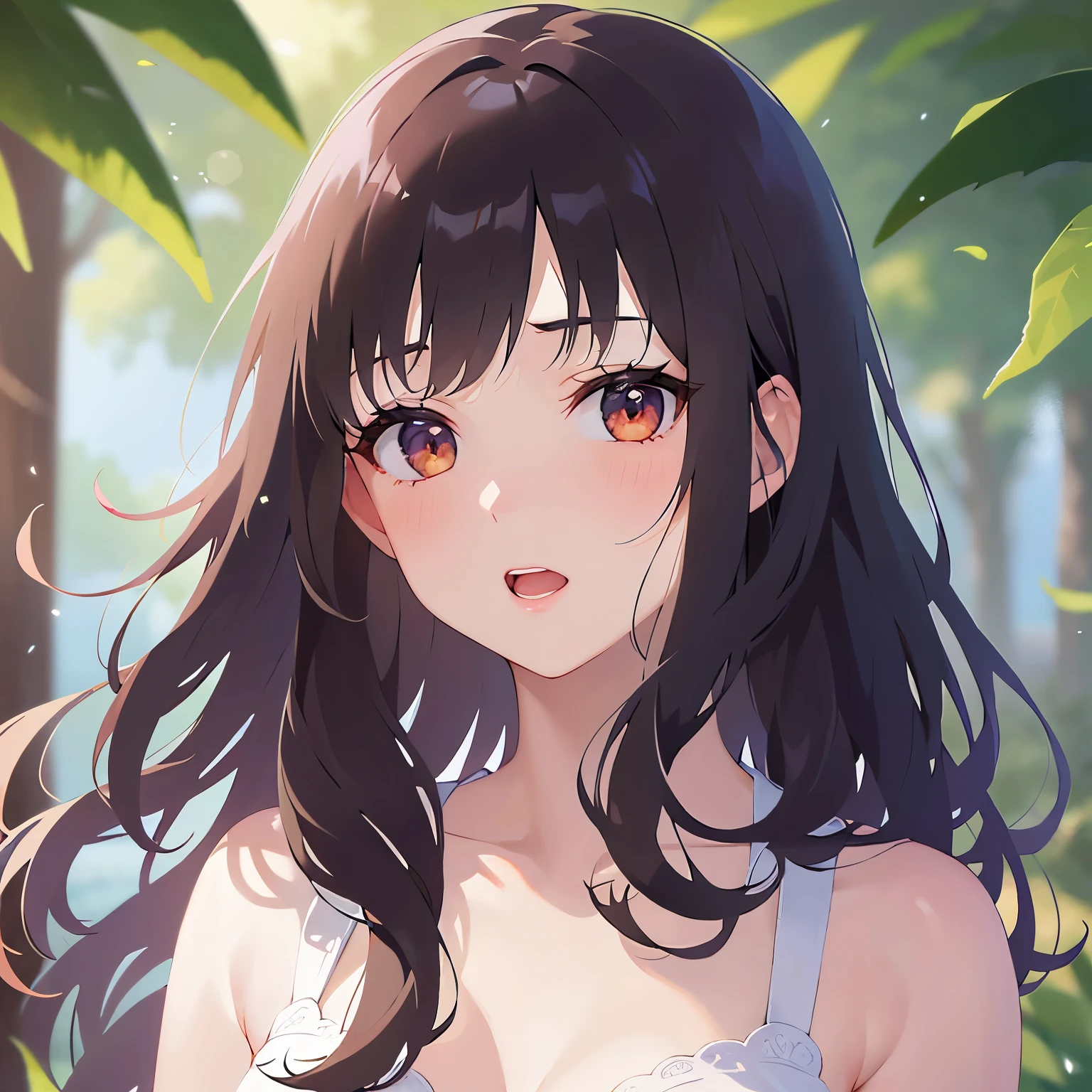 (looking at viewer:1.5)Upper Body, Side shot、 Realistic, real person, (pale skin: 1.2), RAW photo, photorealistic, shiny skin, shiny hair、(A 25-year-old woman with medium-length hair and bangs) and (wavy hair) and (brown hair) and (orange eyes) , White collarless dress、 (blush:1.5),open mouth,(alone:1.5),park