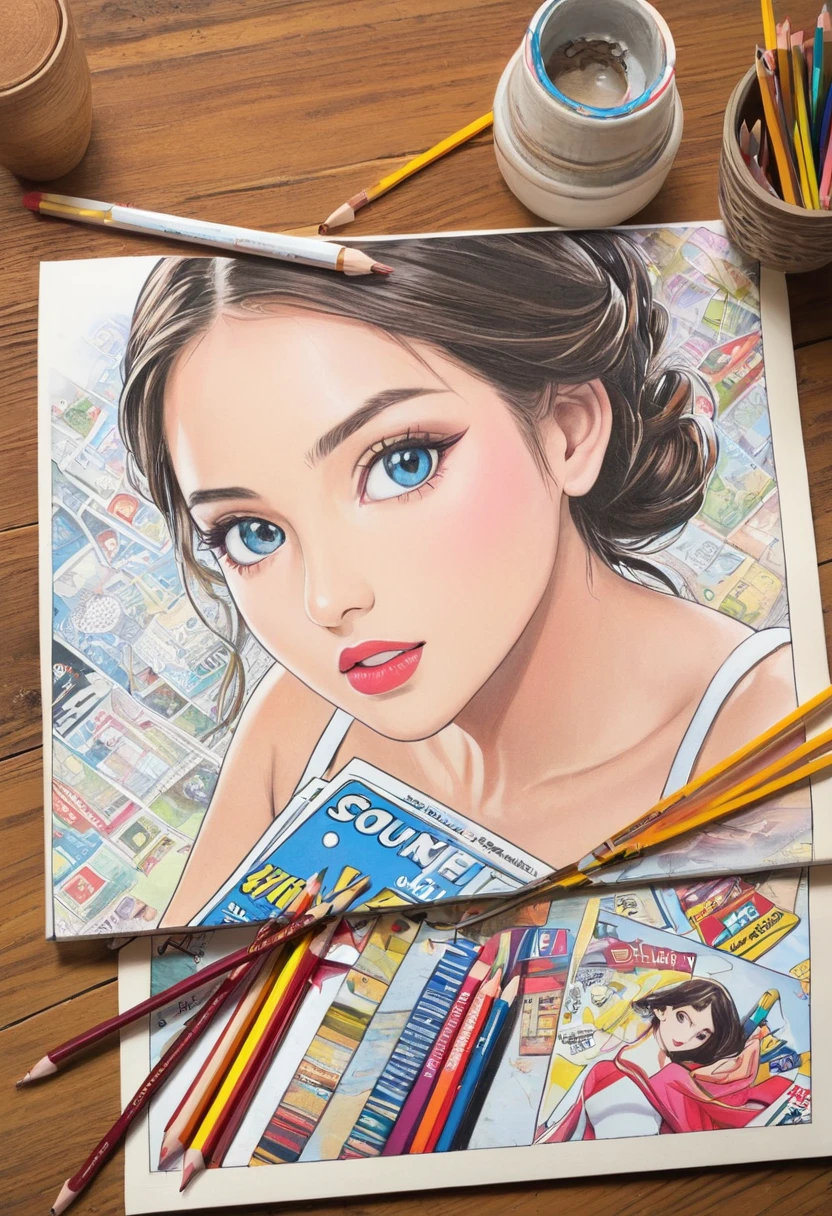 Women, creative girl, white, art, advertising, colored pencil drawing, draft, comic collage