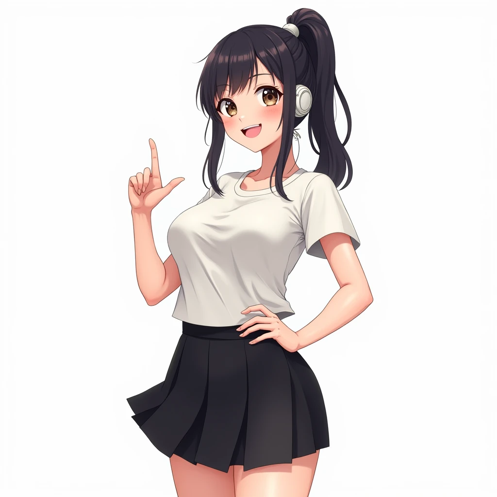 Anime Japanese Teenage Girl Long Hair Tied To The Side Big Eyed Smiling Expression ,wearing a white t-shirt ,ultra HD,ultra 4k,realistic, white background, full photo wearing a black skirt and white shoes,big chested, while wearing earphones and raising one hand in the air with the index finger,face pose facing camera